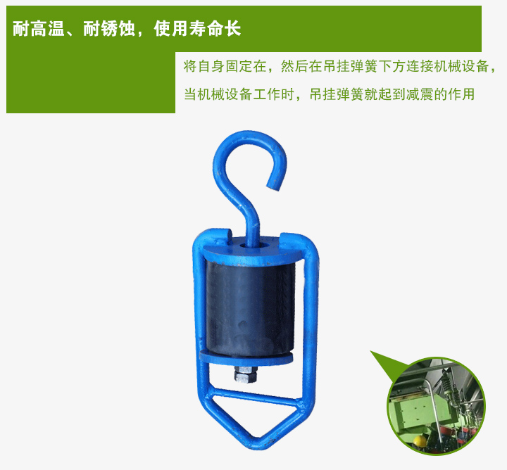 吊掛彈簧將自身固定在，然后在吊掛彈簧下方連接機械設備， 當機械設備工作時，吊掛彈簧就起到減震的作用