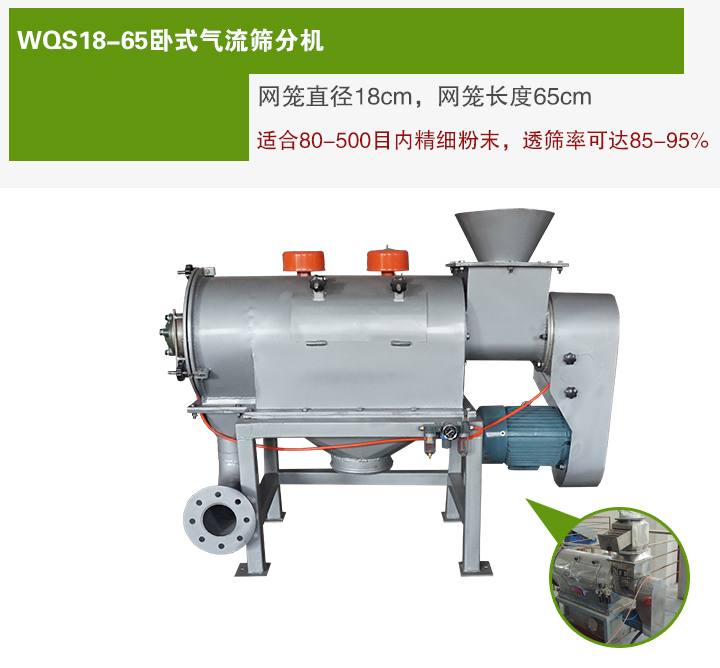 WQS18-65臥式氣流篩分機(jī)網(wǎng)籠直徑為18cm，網(wǎng)籠長度為65cm